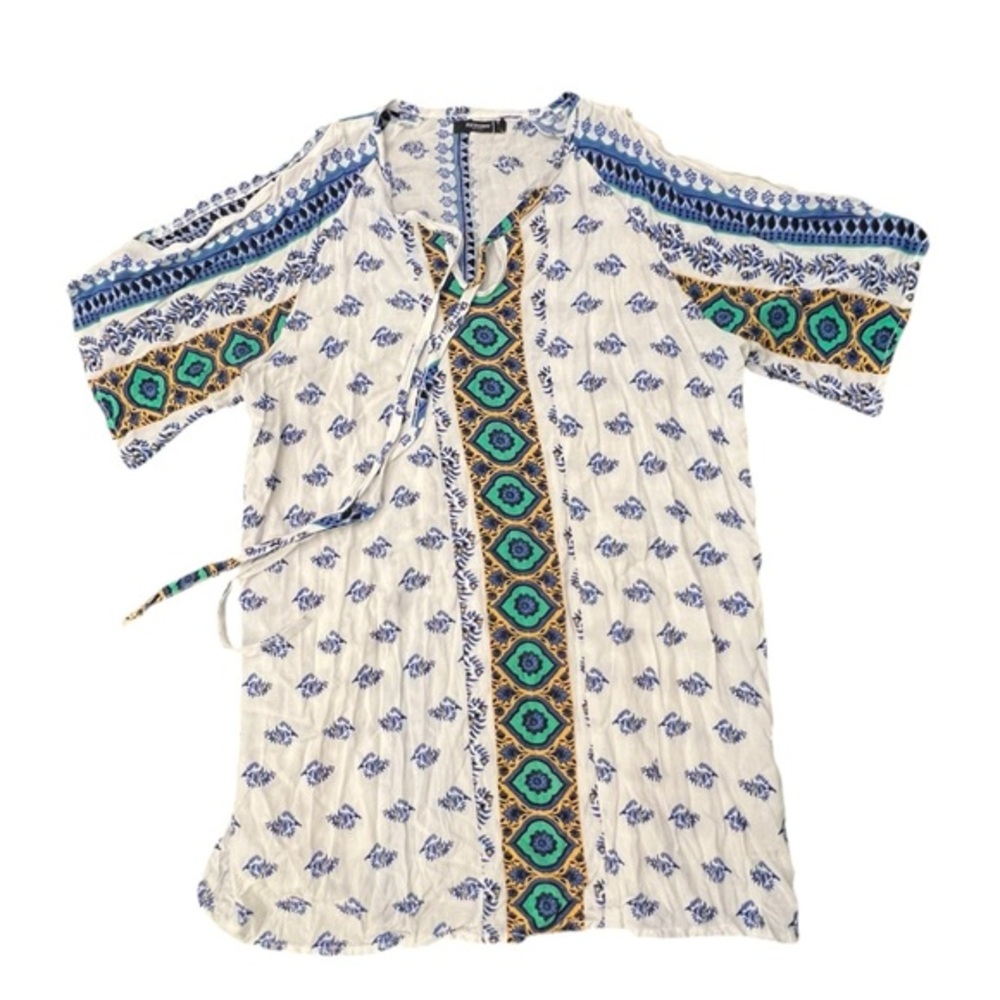 Reborn Blouse Womens Short Sleeve Floral Boho Tunic Pullover Slit Shoulder MED